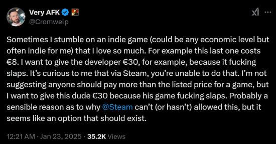 拉瑞安主管呼吁Steam推出打赏功能:花更多钱支持游戏