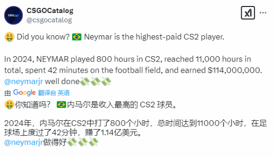 内马尔《CS2》时长超1.1万小时！比踢球比赛时间长