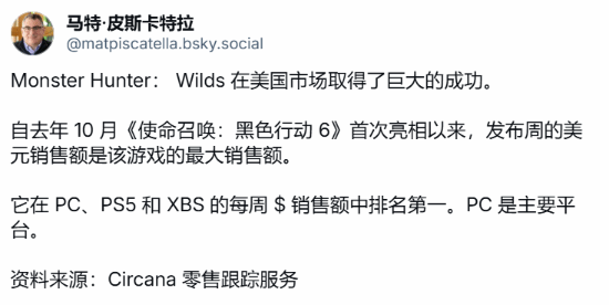 怪猎荒野大获成功！创COD21以来在美国首周销量纪录