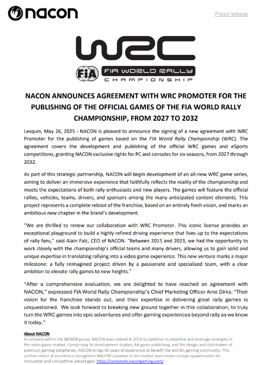 接替EA重磅回归！NACON签下WRC游戏独家发行权