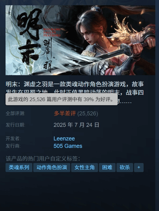 外媒预估《明末》销量达150万！Steam好评率39%
