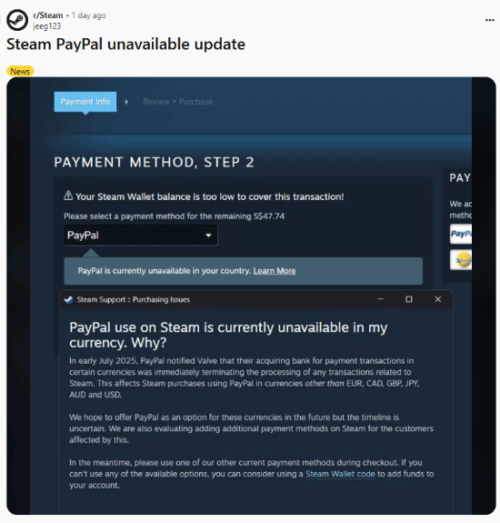 全球多地区Steam无法再用PayPal支付：仅支持六种货币