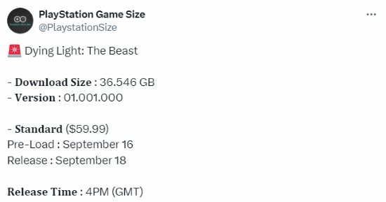《消光困兽》PS5版下载大小揭晓 9月16日开启预载