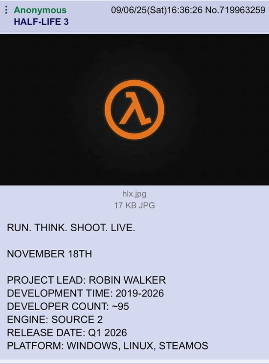 曝《半条命3》即将于11月18日公布！2026年Q1发售