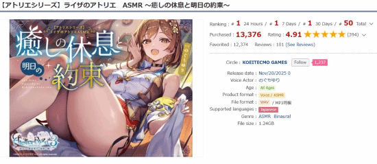 《莱莎》官方ASMR超受欢迎！肉腿大姐姐冲上热销榜