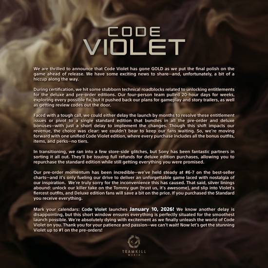 PS5独占《Code Violet》再次宣布跳票 官方补偿：标准版升豪华版 豪华版退款后可重买