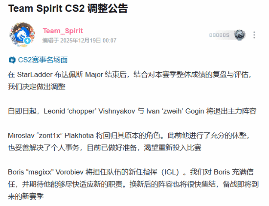 Donk好友magixx回归Team Spirit！zweih被下放至替补