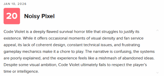 PS5独占新游《Code Violet》M站媒体均分40分 玩家评分仅2.6！