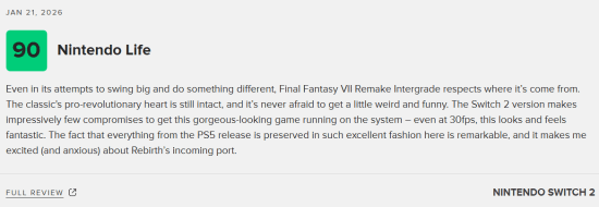 《FF7RE》NS2版M站均分90分：无一差评质量夯爆了